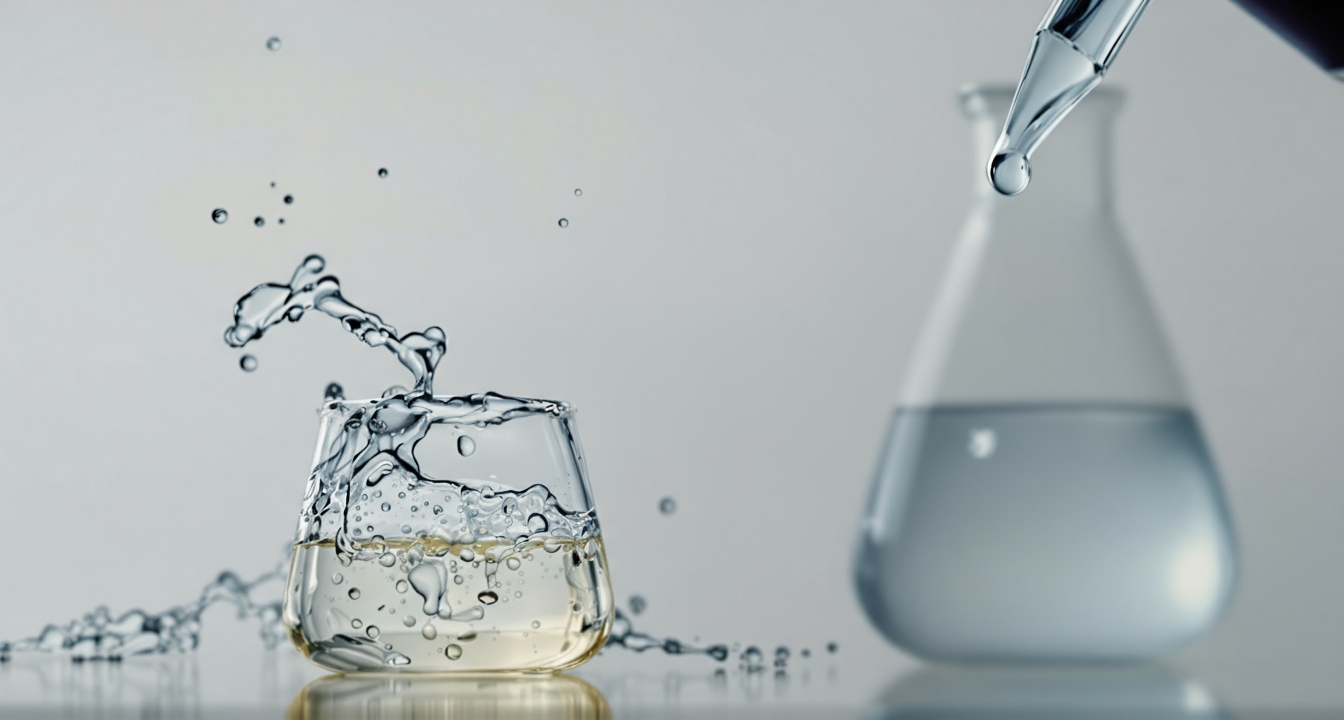Glass of water with droplets and a beaker on a light background