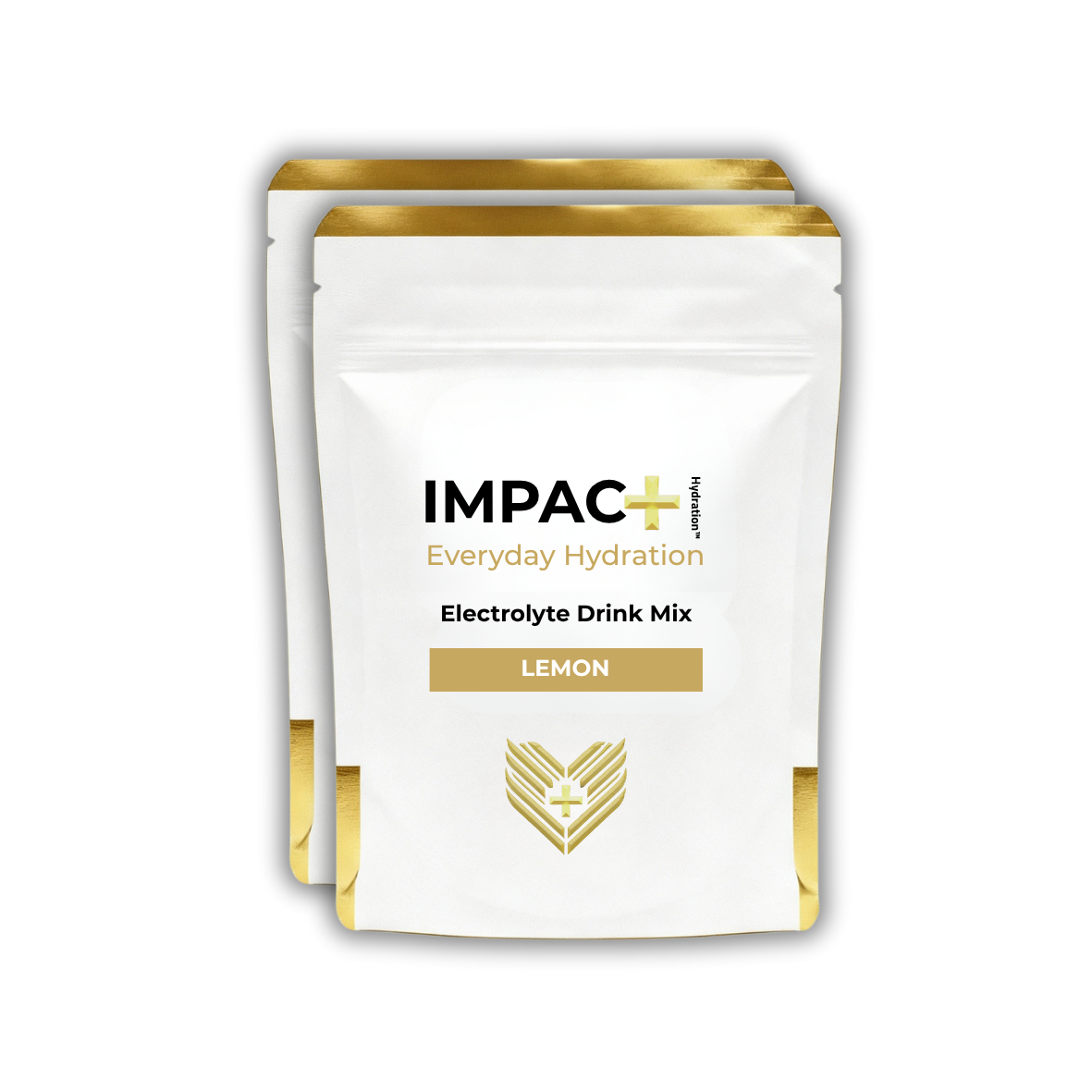 2 IMPAC+ Electrolyte Drink Mix packages with lemon flavor on a white background.