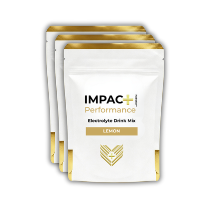 Three IMPAC+ Performance Electrolyte Drink Mix packages with lemon flavor on a white background.