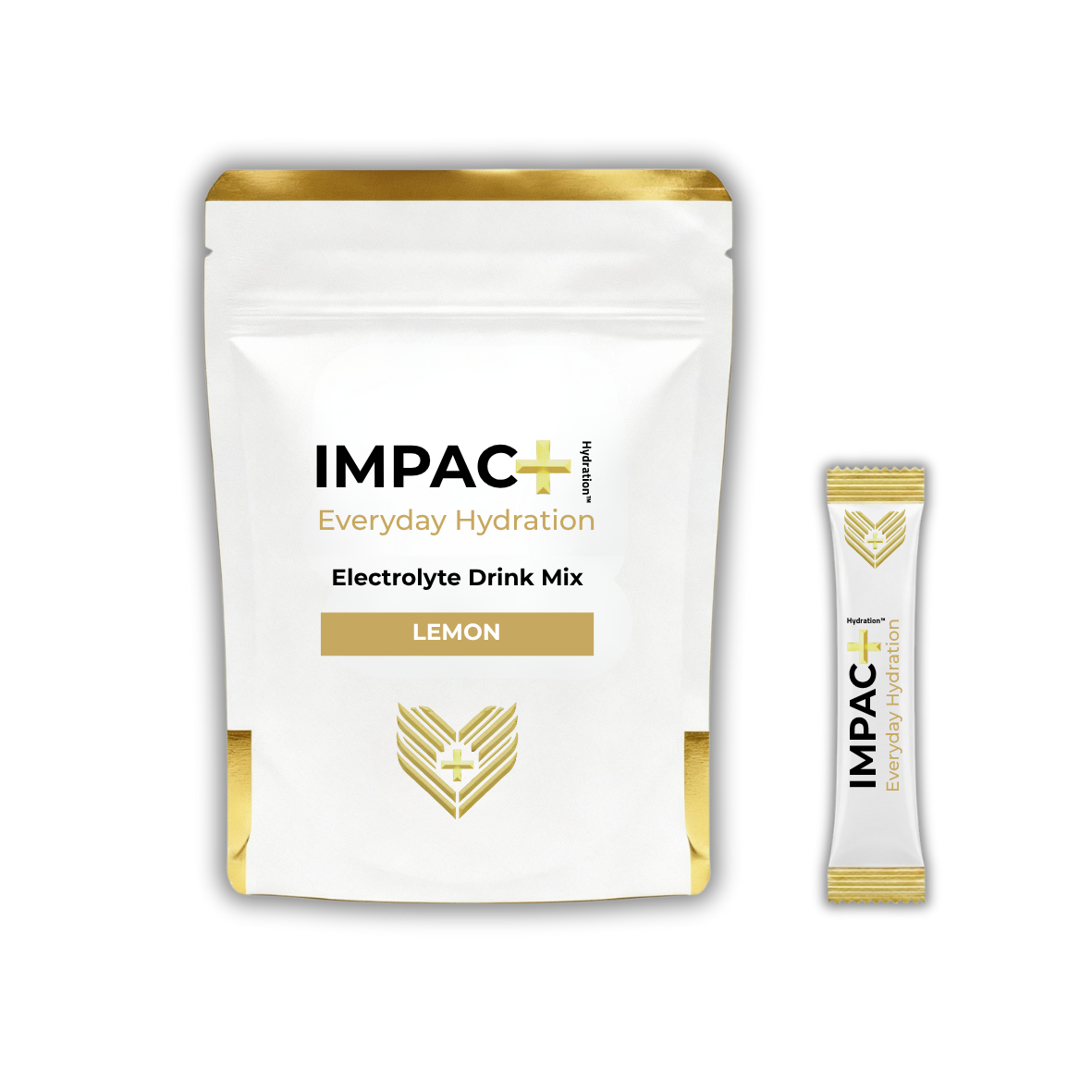 IMPAC+ Electrolyte Drink Mix package and single stick on a white background.