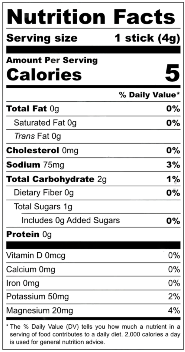 Nutrition facts label for a stick of food with serving size, calories, and various nutrients listed.