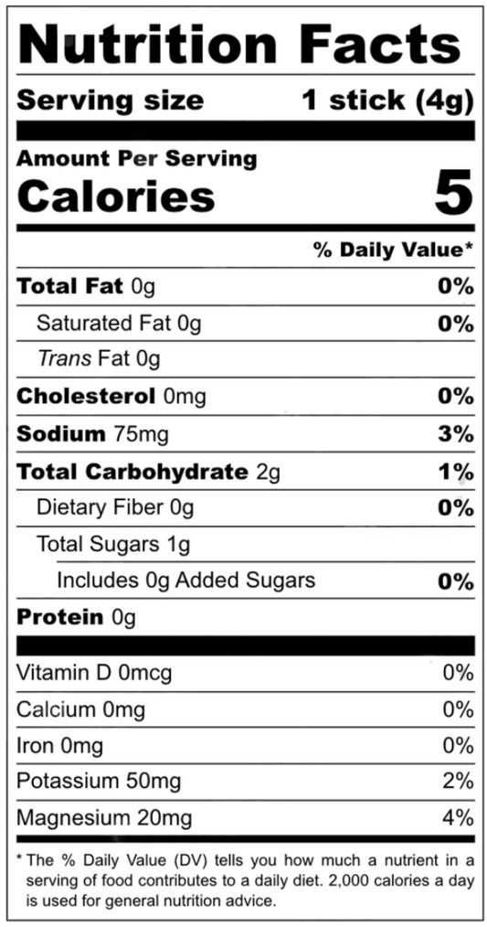 Nutrition facts label for a stick of food with serving size, calories, and various nutrients listed.