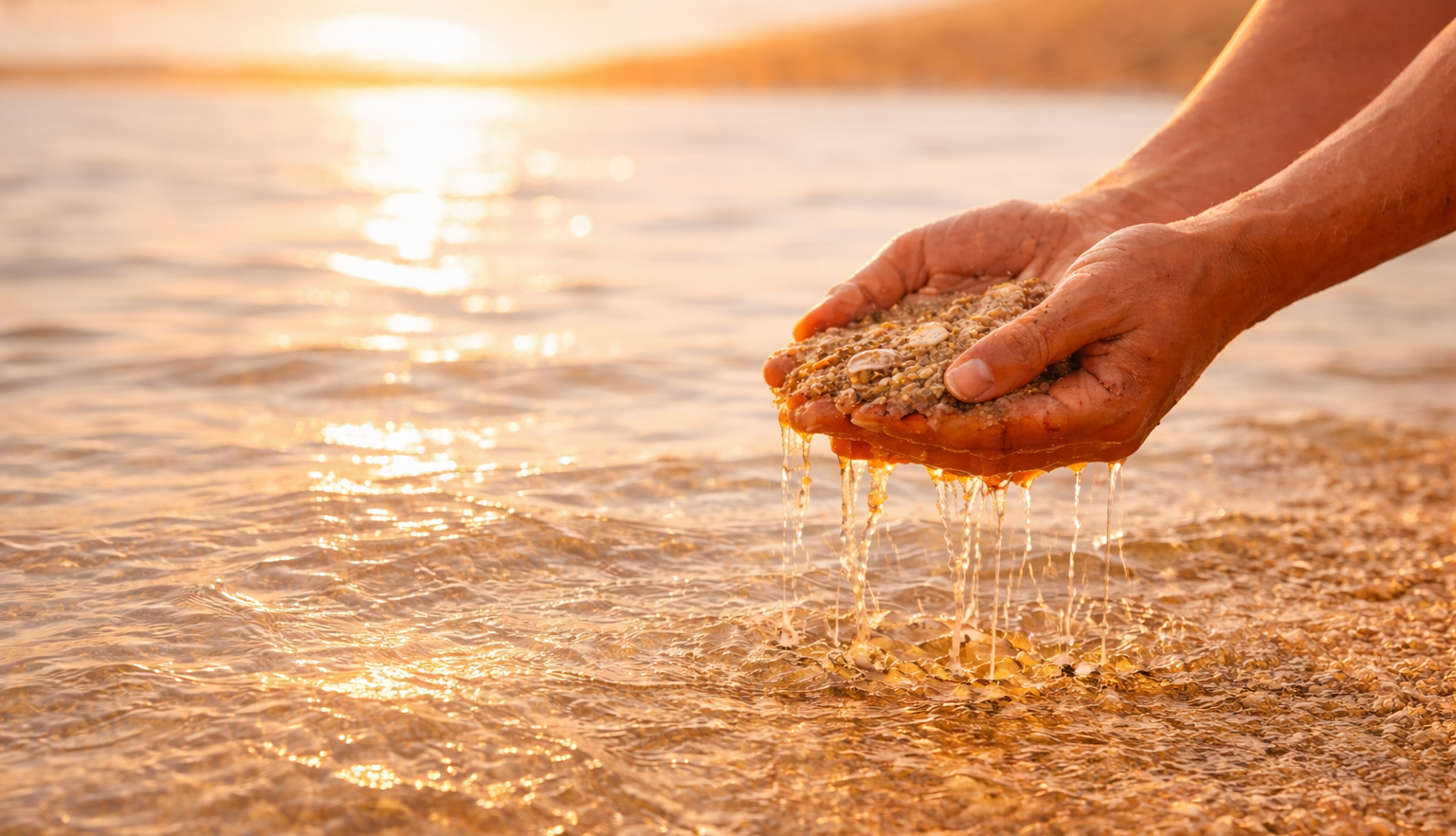Hand holding sand over water with a sunset background
