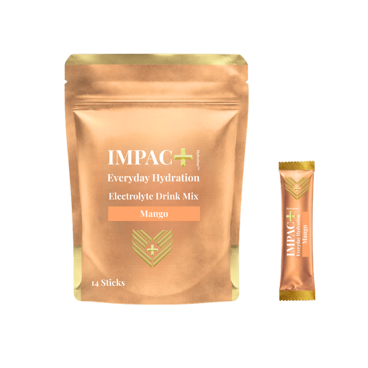 IMPAC+ Everyday Hydration Electrolyte Drink Mix package and 14 stick pack mango