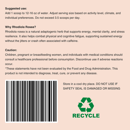 A product information card with a beige background showing suggested use, benefits of Rhodiola rosea, caution, a barcode, and a green recycle symbol.