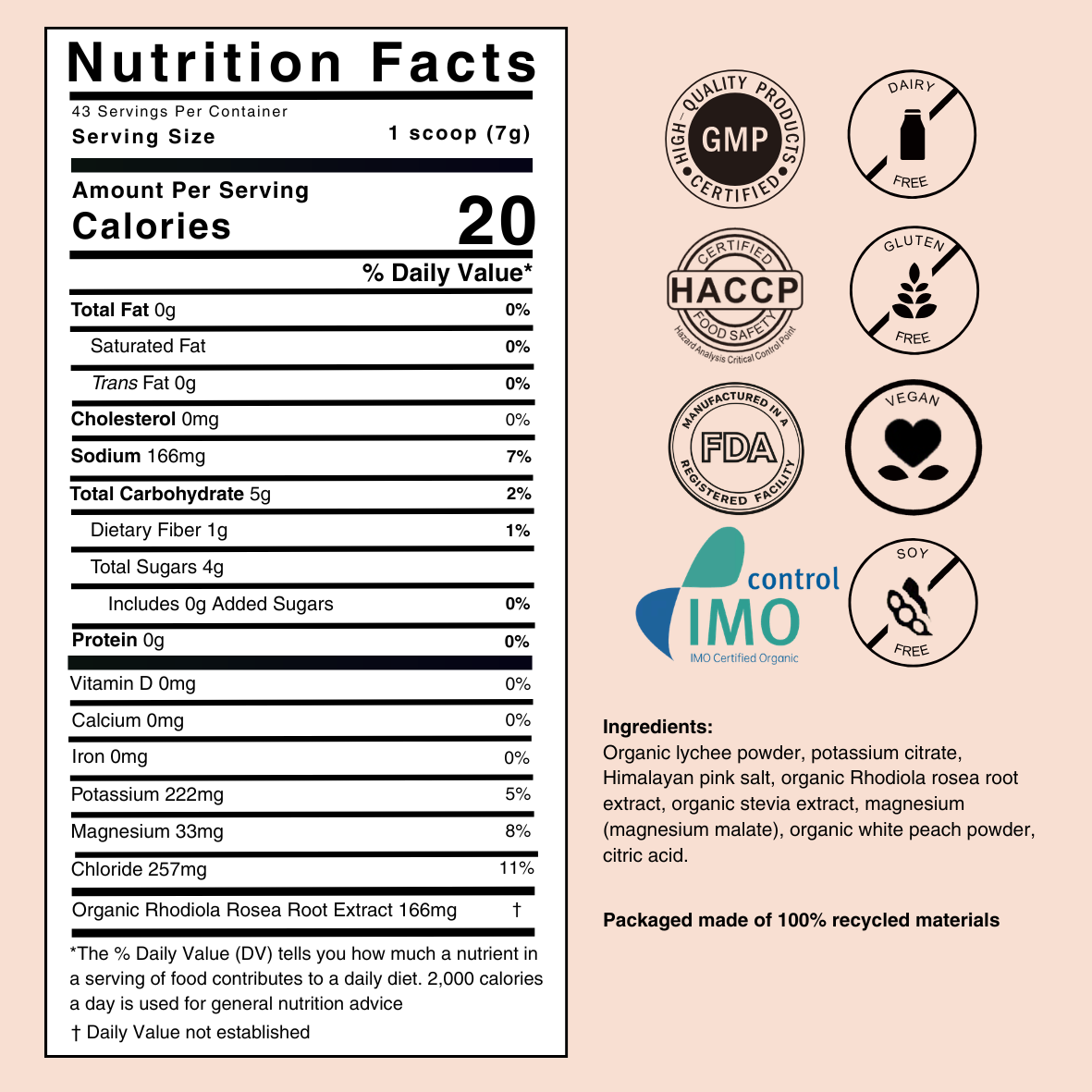 A Nutrition Facts label for an organic rhodora root extract powder, displayed alongside various certification logos including GMP, HACCP, FDA, PDA, Vegan, and Control IMO on a light peach background.