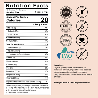 A Nutrition Facts label for an organic rhodora root extract powder, displayed alongside various certification logos including GMP, HACCP, FDA, PDA, Vegan, and Control IMO on a light peach background.