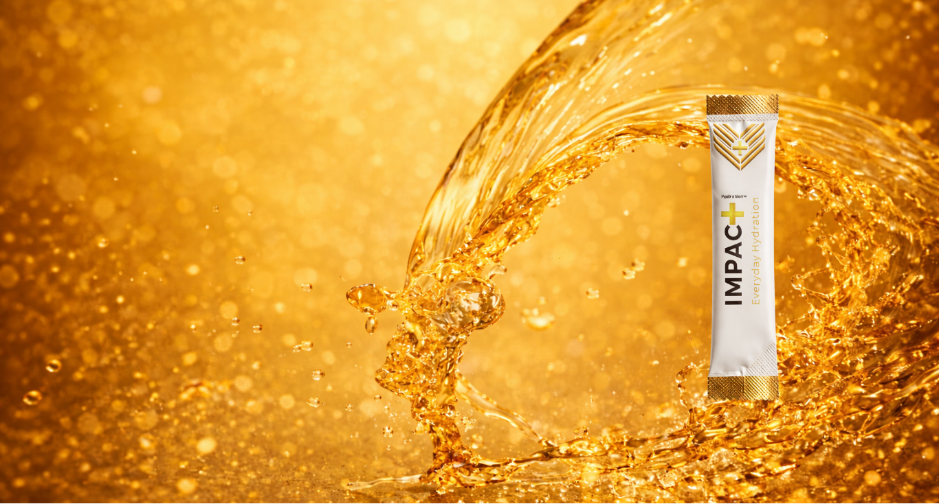 IMPAC+ product with gold liquid splash on a gold background