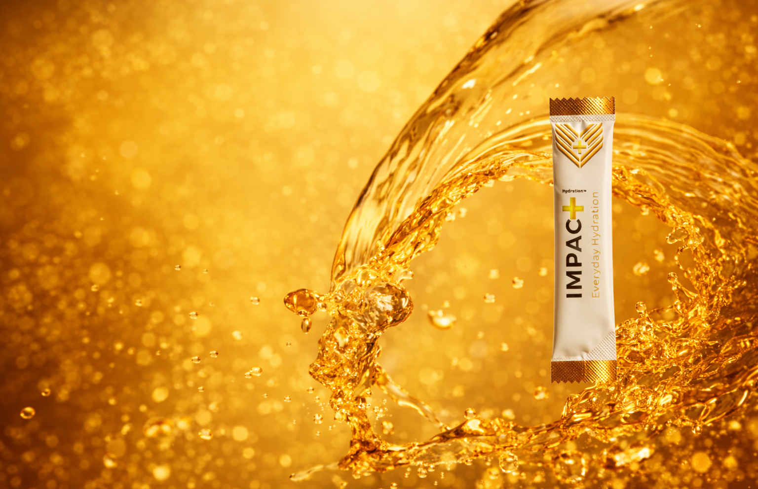 IMPAC+ supplement stick pack surrounded by swirling gold liquid on a bright yellow background