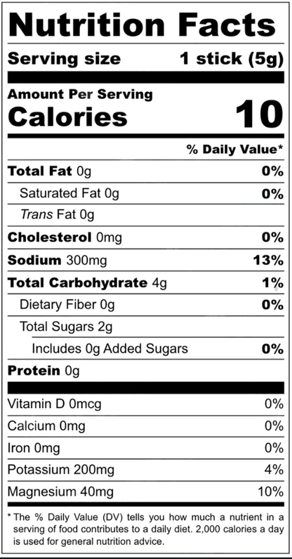 Nutrition facts label for a stick of food with serving size, calories, and nutritional content.