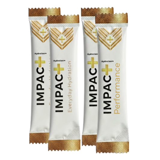 Two sets of IMPAC+ hydration lemon packets on a white background