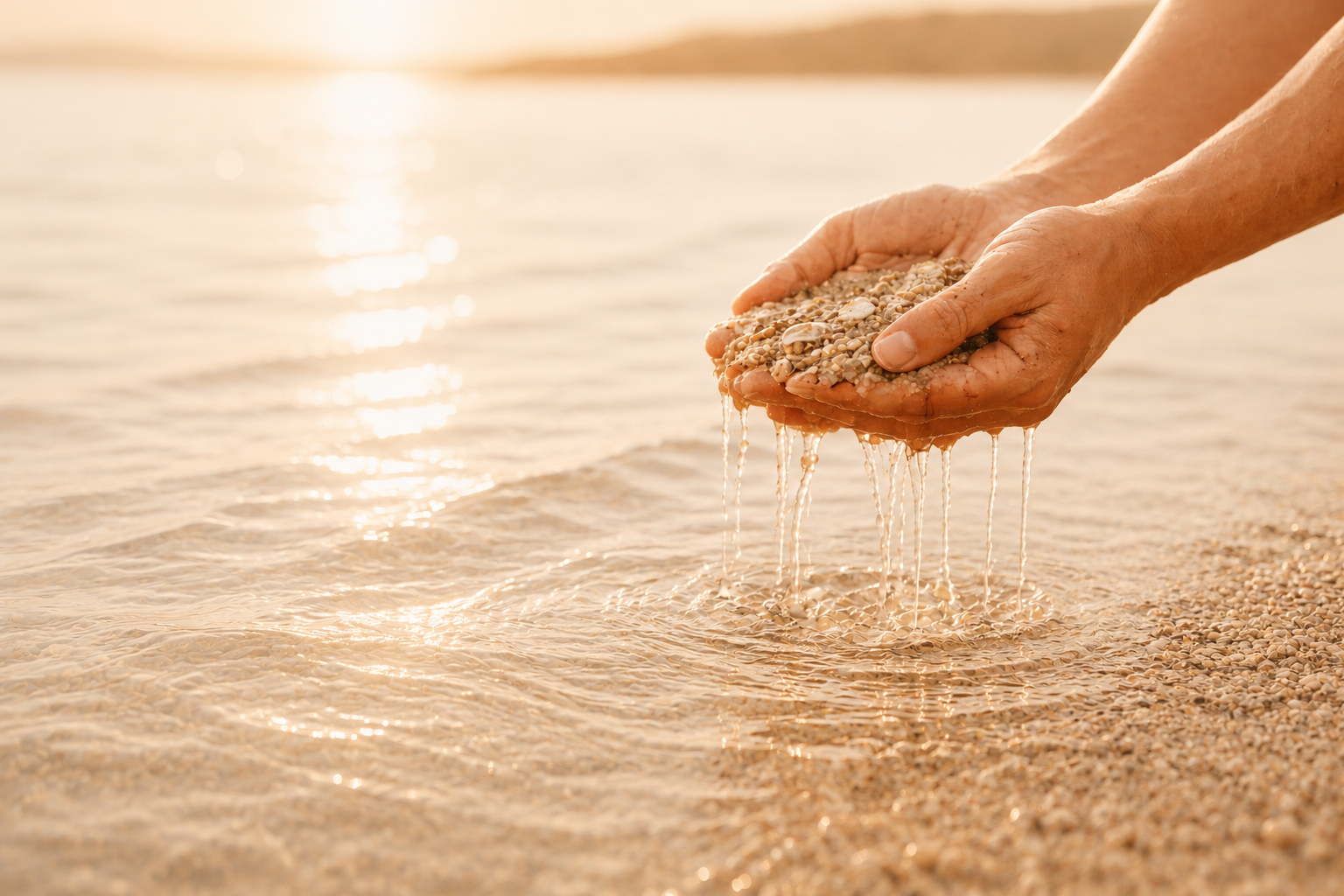 A close-up of a person's hands holding wet sand over the edge of shallow water at sunset, with warm golden light reflecting on the water surface.