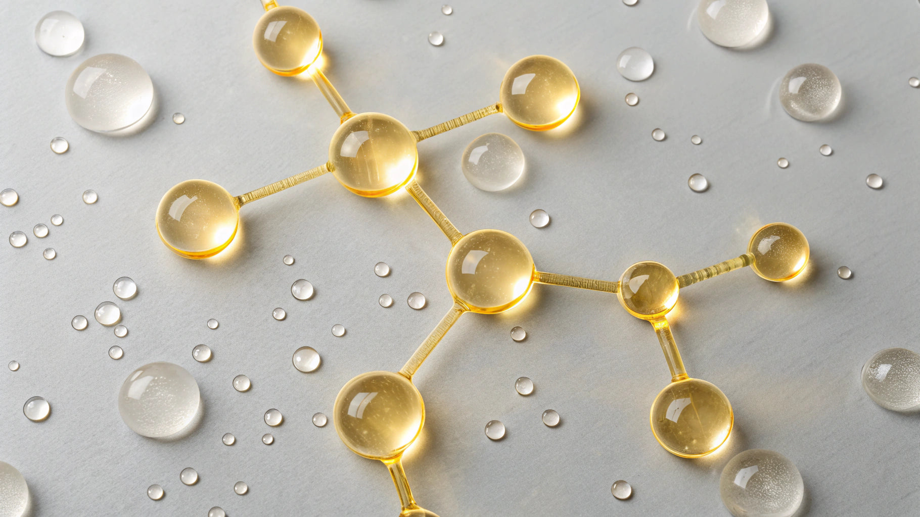 Molecular structure model with gold atoms and clear bonds on a gray background