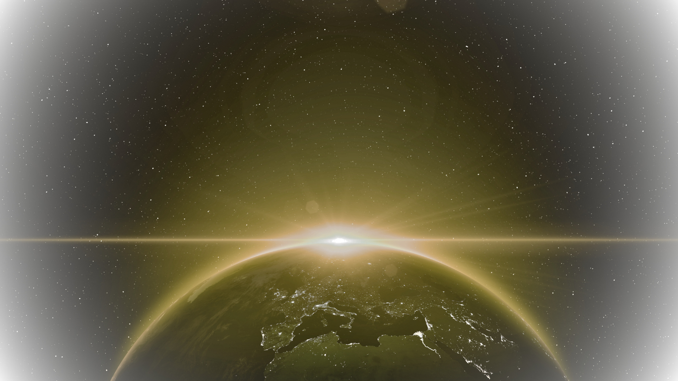 Sunrise over Earth from space with a bright sun and starry background