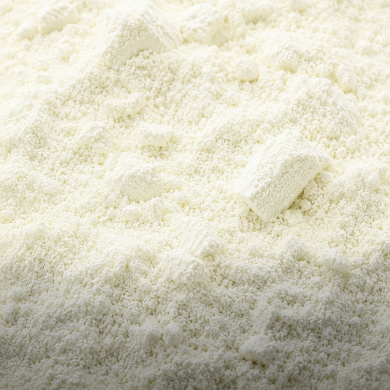 A close-up view of a fine lemon powder, with a few small lumps visible on the surface.