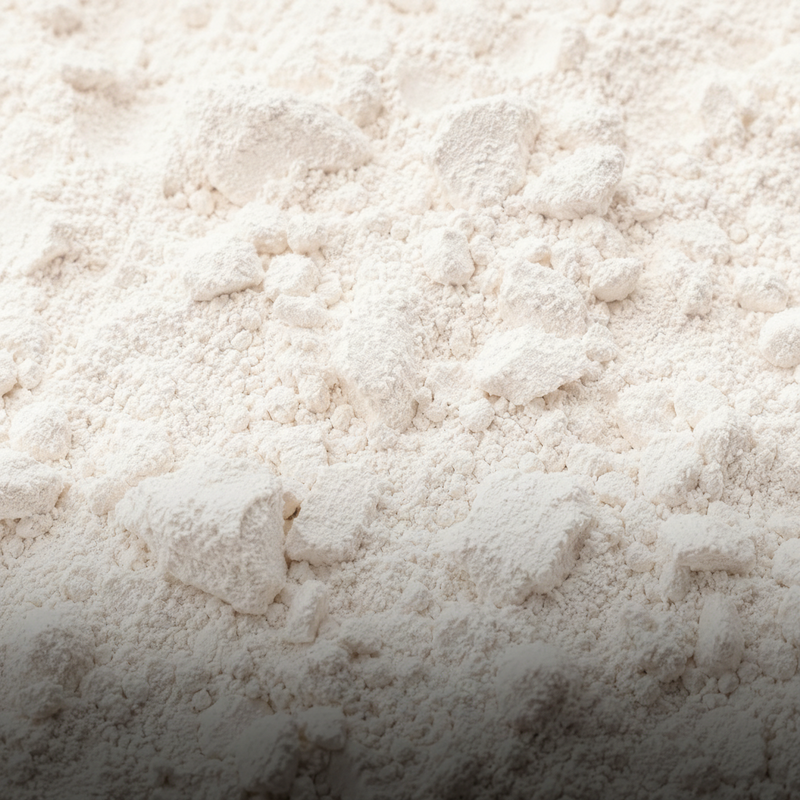 A close-up view of a fine lychee powder with some clumps, filling the entire frame.