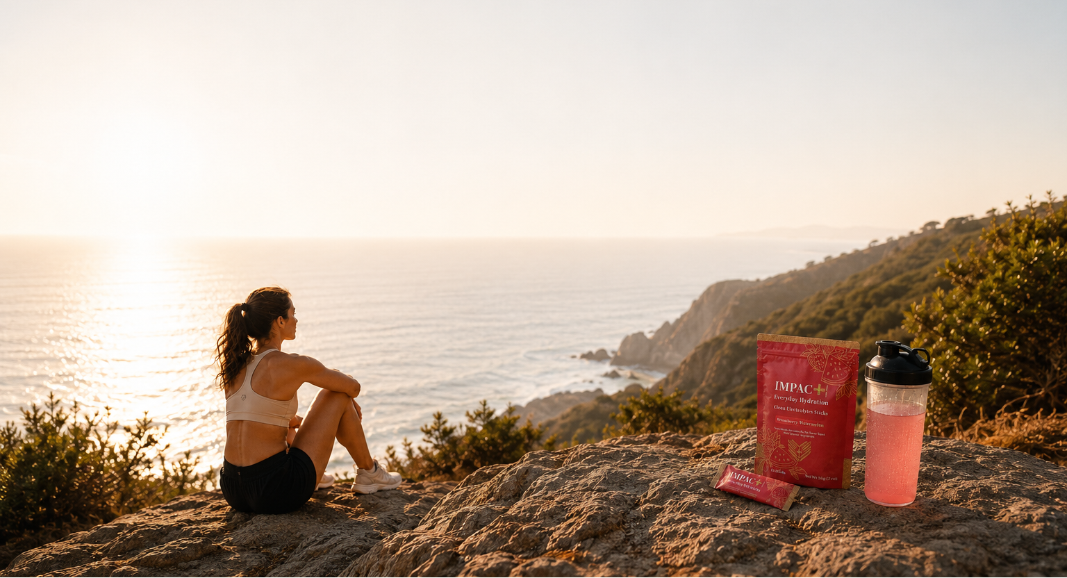 A woman sits on a rocky cliffside overlooking the ocean at sunset, with a pink shaker bottle and a red packaged supplement product placed on the rock beside her.